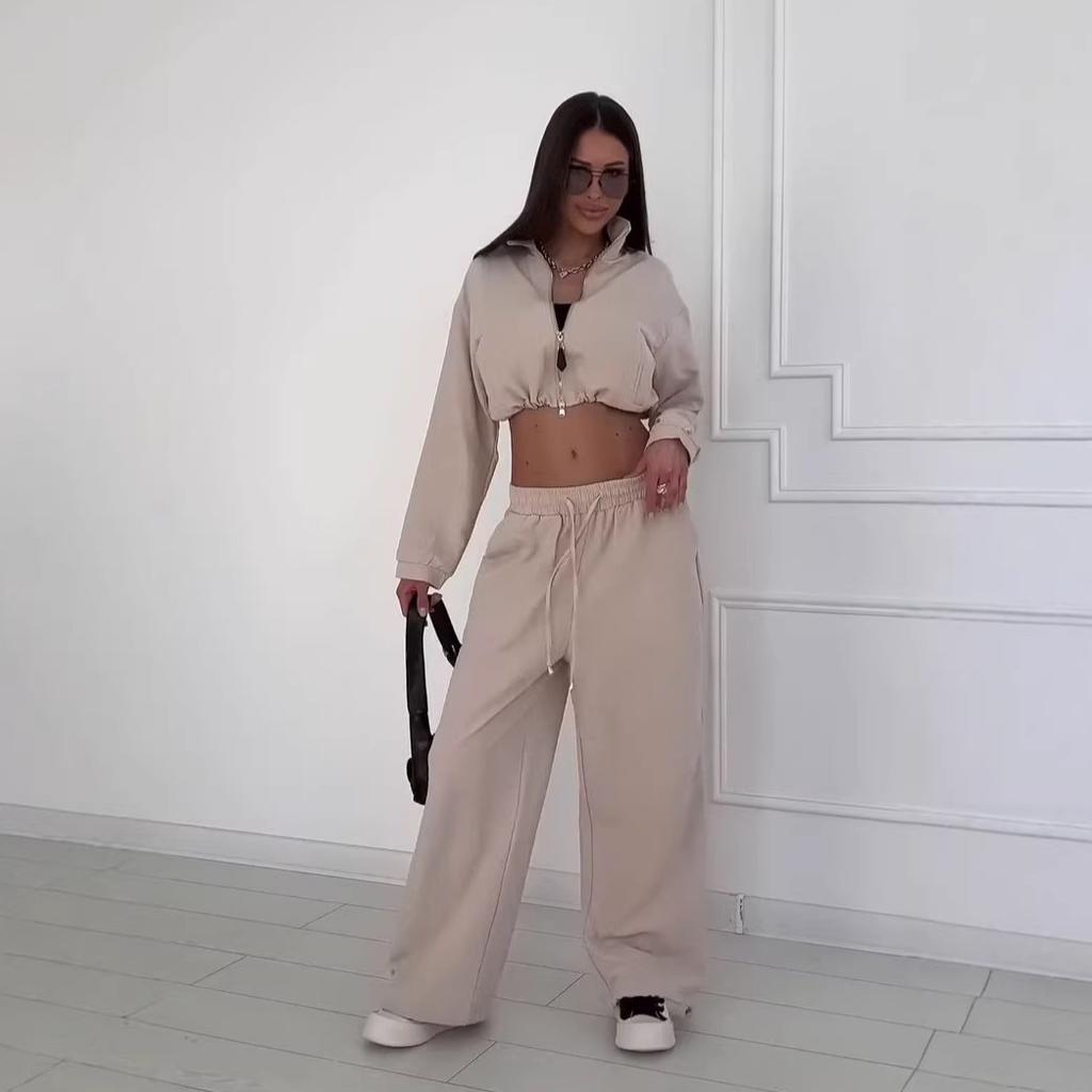 26 Europe, America, Amazon cross-border women's clothing new casual sports style zipper short top wide-leg pants set