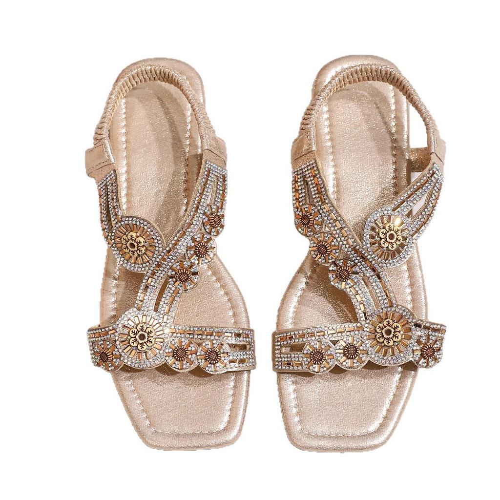 2026 Summer Chic Rhinestone Square Toe Sandals with Elastic Strap and Chunky Heel - Plus Size Women's Footwear