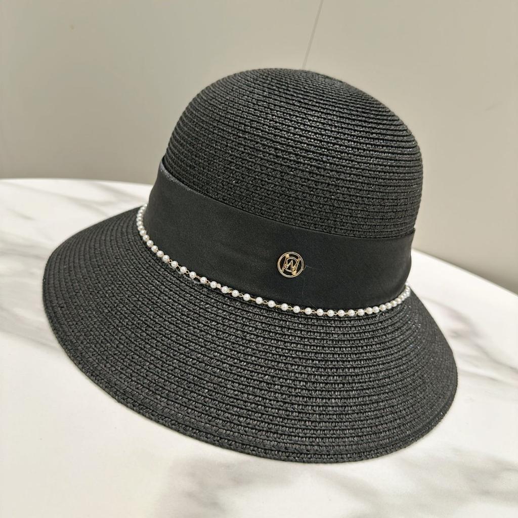 Small Fragrant Straw Hat Elegant Women'S M Standard Pearl Dome Top Hat French Light Cooked Bucket Hat Sun Protection Wide Brim Straw Hat