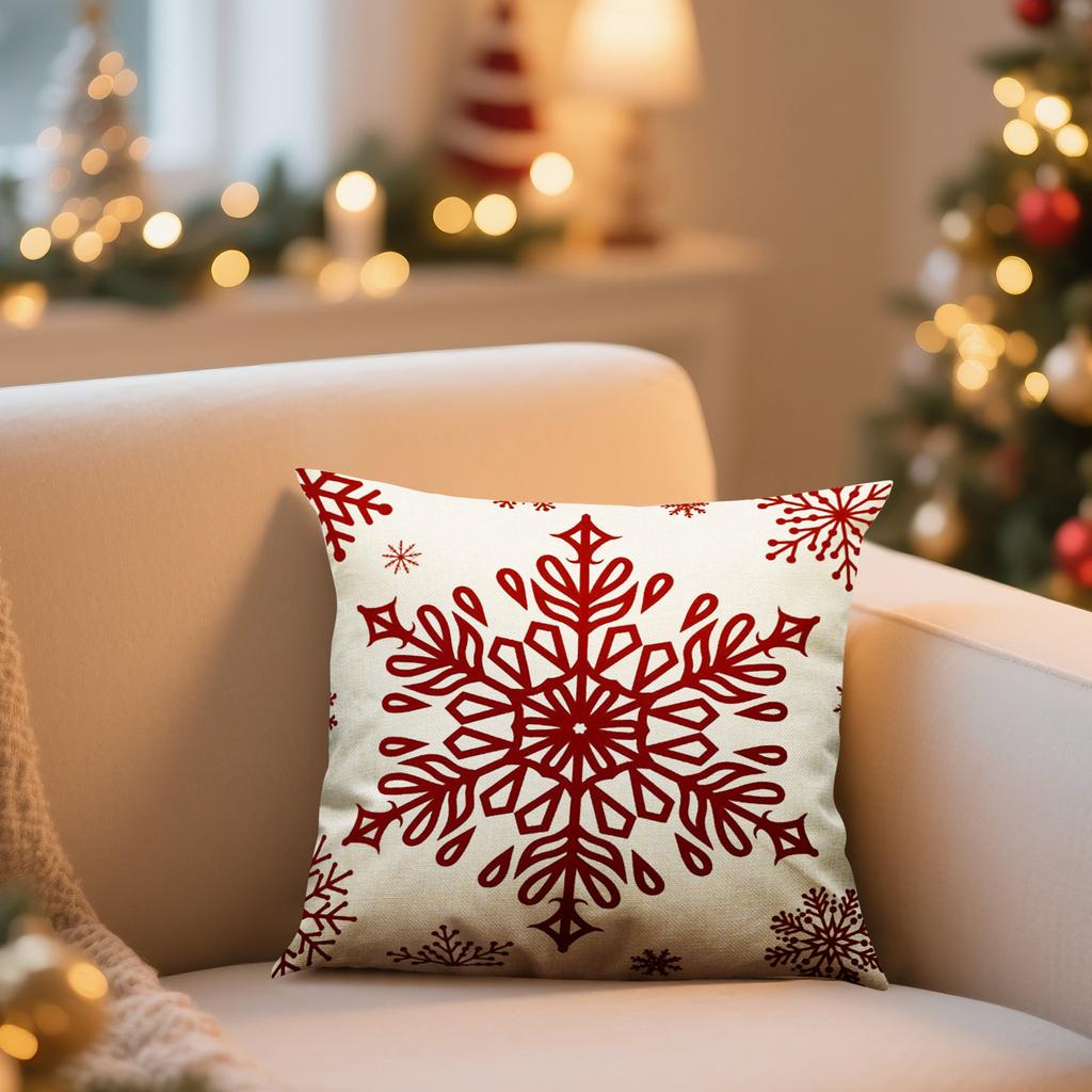 Merry Christmas Pillow, 18x18 Inch Red Snowflake Christmas Tree Decorative Cushion, Snowflake Holiday Pillow, Suitable For Sofa And Bed