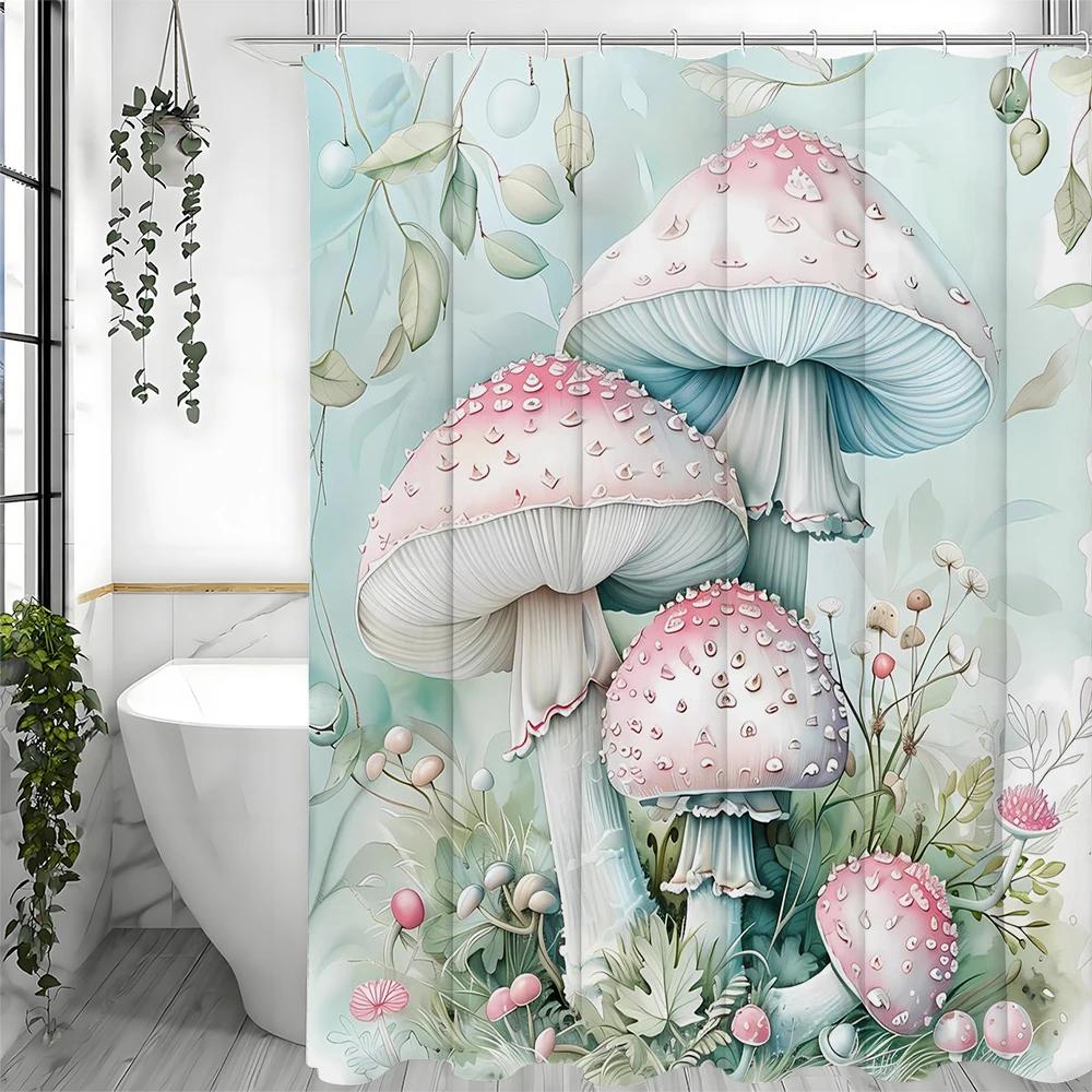 Enchanted Mushroom Shower Curtain for a Magical Bathroom, Featuring Pastel Pink and Blue Mushrooms with Delicate Leaves W90XH180cm