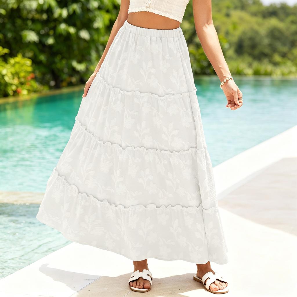 Women Bohemian Style High Waist Tiered A Line Skirt Elastic Waistband Floral Print Casual Midi Skirt for Daily Wear