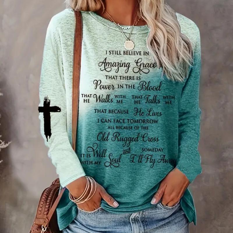 Dámské topy Přechodový a abecední potisk Tričko s kulatým výstřihem a dlouhým rukávem Podzim Ležérní Tenký svetr Dámský top s dlouhým rukávem