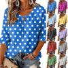Women's Round Neck Polka Dot Blouse with Tie Front and Ruffle Hem 3/4 Sleeve
