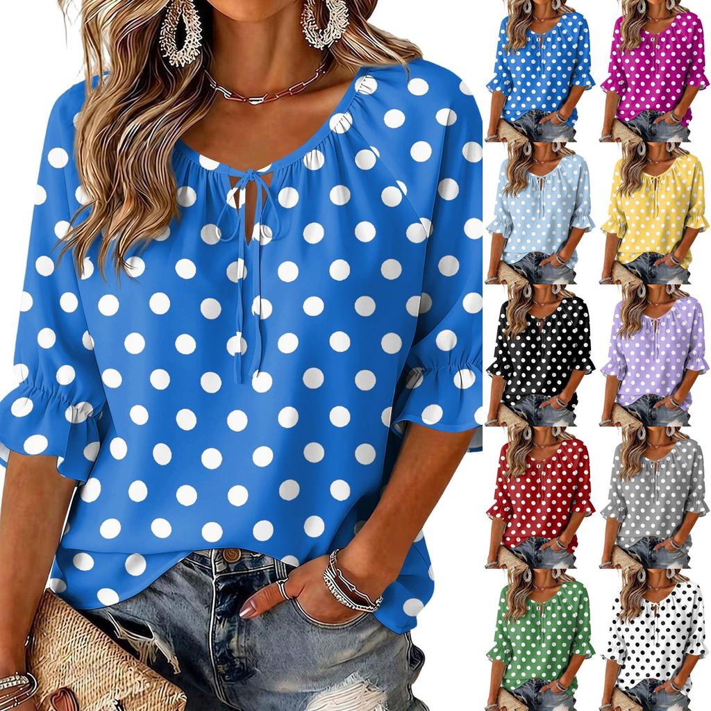 Women's Round Neck Polka Dot Blouse with Tie Front and Ruffle Hem 3/4 Sleeve