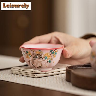 60ml Tazza da tè in ceramica fatta a mano a forma di piccolo gatto giallo Lard Frozen Petal Cup Singola ciotola da tè da maestro Chazhan Tazza Servizio da tè Kung Fu Articoli per bevande