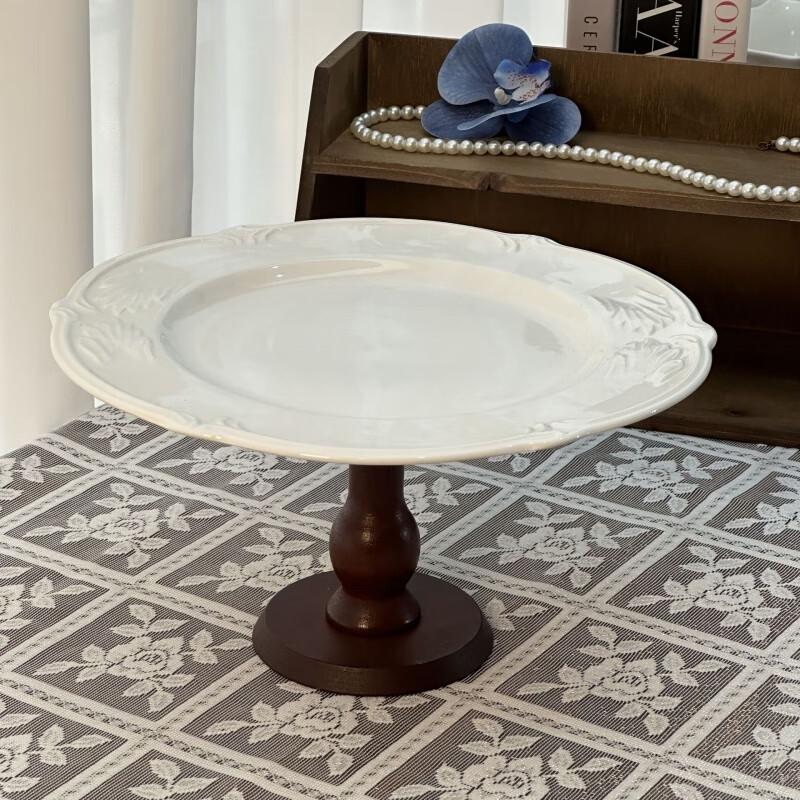 French Retro Embossed Ceramic Dessert Plate with Wooden Stand Large Winged Bird Wooden High-Footed Plate
