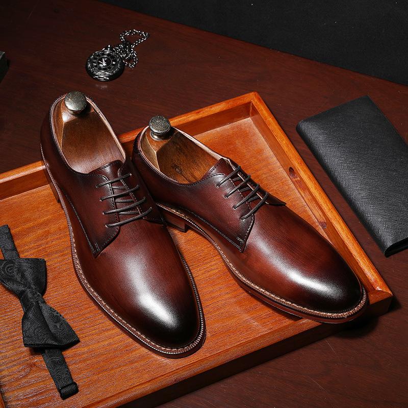 Men'S Shoes Business Elegant Gentleman Shoes Lace-Up Simple Leather Shoes First Layer Cowhide Dress Wedding Shoes Large Size