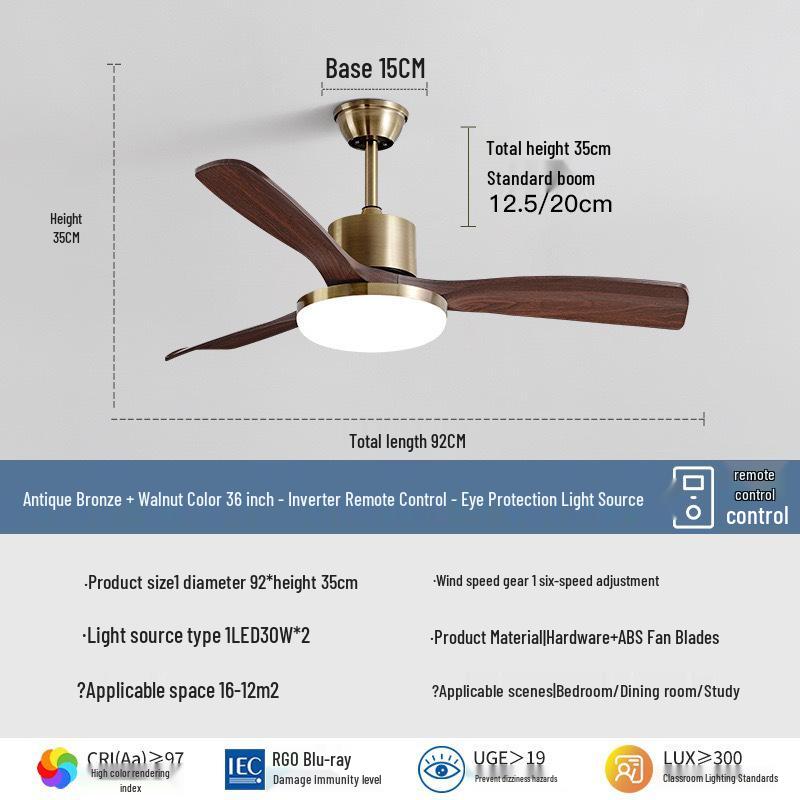 Wabi-Sabi Walnut Ceiling Fan with Full-Spectrum Light - Ideal for Chinese-Style Dining Rooms and Living Areas