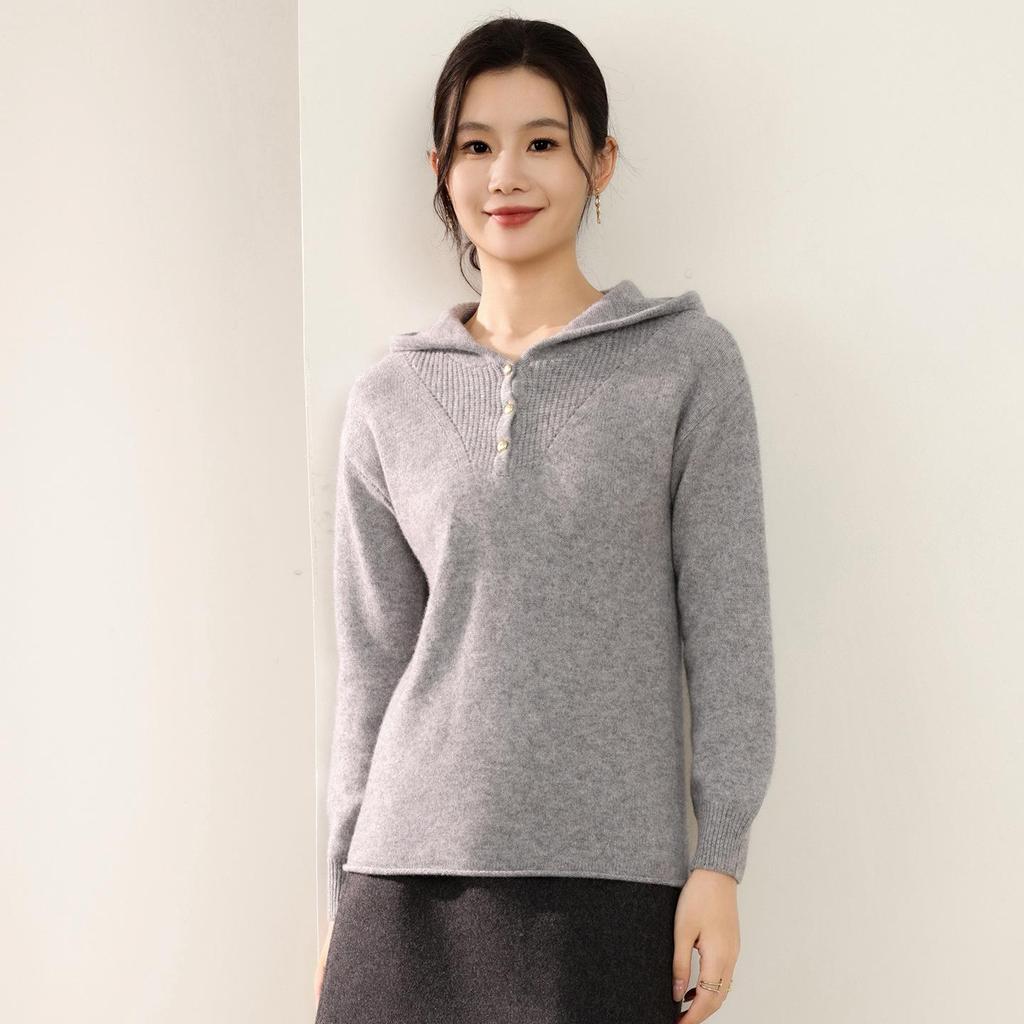 Women's 100% Pure Wool Half-Zip Hooded Sweater with Gold Buttons - New Autumn/Winter Fashion