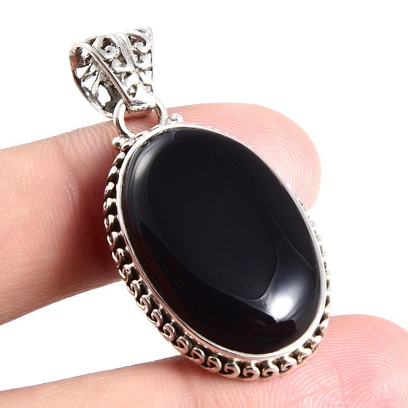 Natürlicher schwarzer Onyx-Edelstein, 925er Sterlingsilber, Schmuckanhänger, 3,8 cm, Y6m70