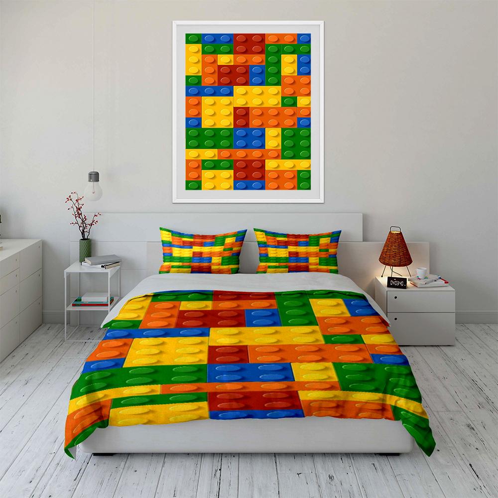 Juego de Cama con Patrón de Bloques de Construcción Juego de Cama (1 funda nórdica, 2 fundas de almohada, edredón no incluido)