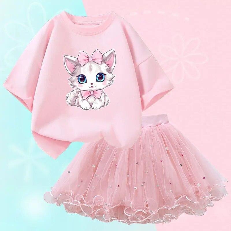 Cute Summer Girls Outfits Cartoon Cat T-shirt and Tutu Skirt 2pc/Set Girl Princess Clothes Suit Children Birthday Clothing 4T