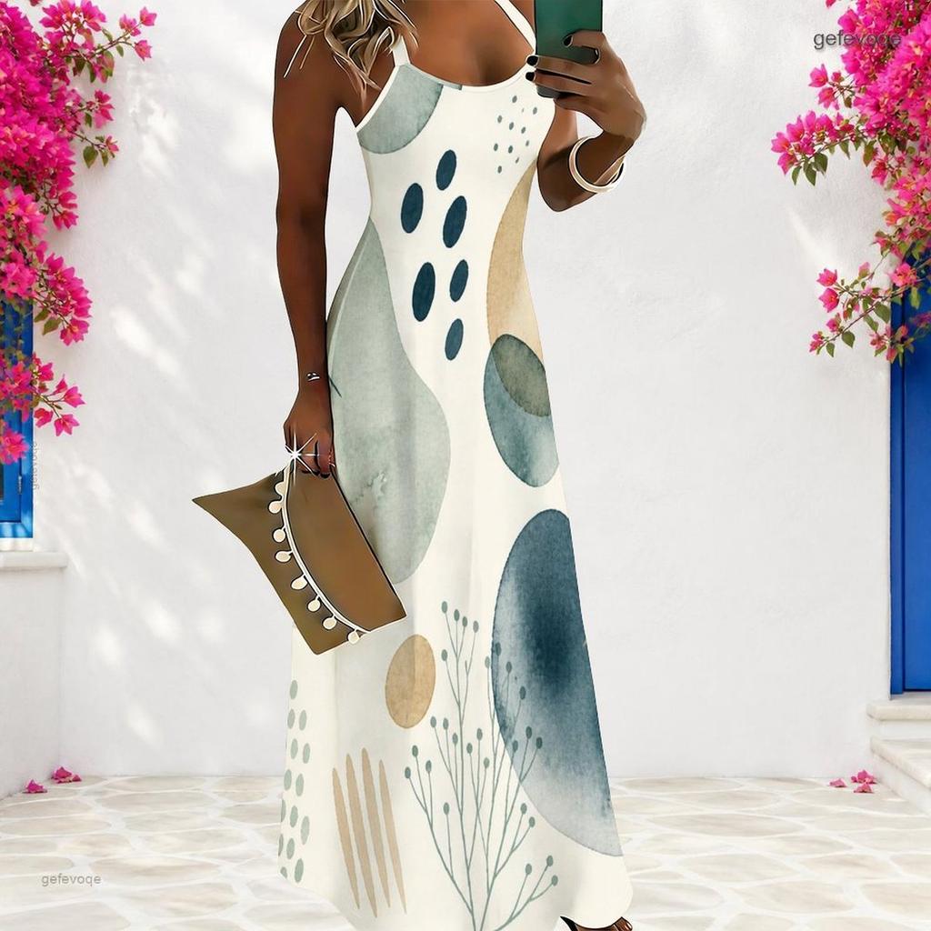 Women Plus Size Scoop Neck Strappy Sleeveless Geometric Printed A Line Maxi Dress