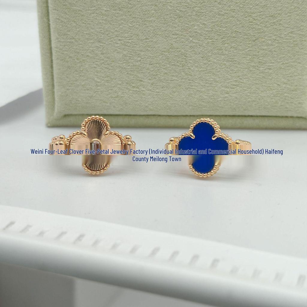 18K Rose Gold Double-Sided Ring: Red and Blue Agate Four-Leaf Clover Flip Design