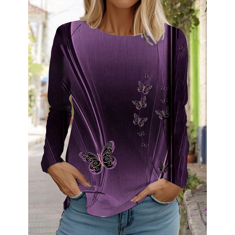Women's 3d printed flower T-shirt fashion long-sleeved round neck regular tops holiday weekend blue spring and autumn wear