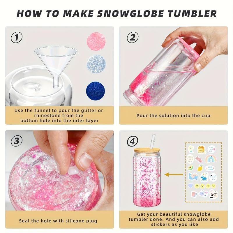 6PCS 16oz Clear Plastic Cup Bamboo Lids Straw Cup Double Wall Snow Globe Tumbler Pre-Drilled Water Bottle Mason Jar Mug Drinking