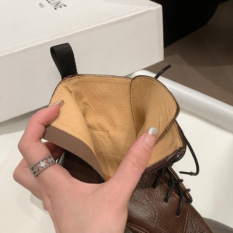 Moda 2025 Nuevas Botas de Mujer Otoño/Invierno Punta Redonda Tacón Grueso Moda Botines Cortos de Piel Genuina para Mujer Hechos a Mano Retro Tacones Bajos