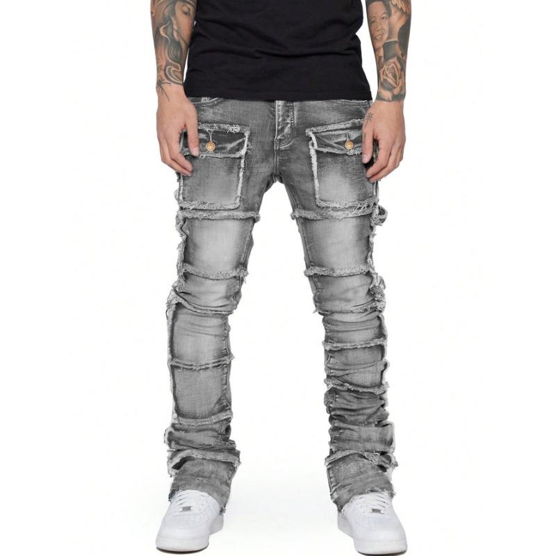 New Retro Cargo Jeans Men Stretchy Ripped Washed Y2k Pants Straight Leg Male's Patched Denim Trousers 2025 Spring Autumn