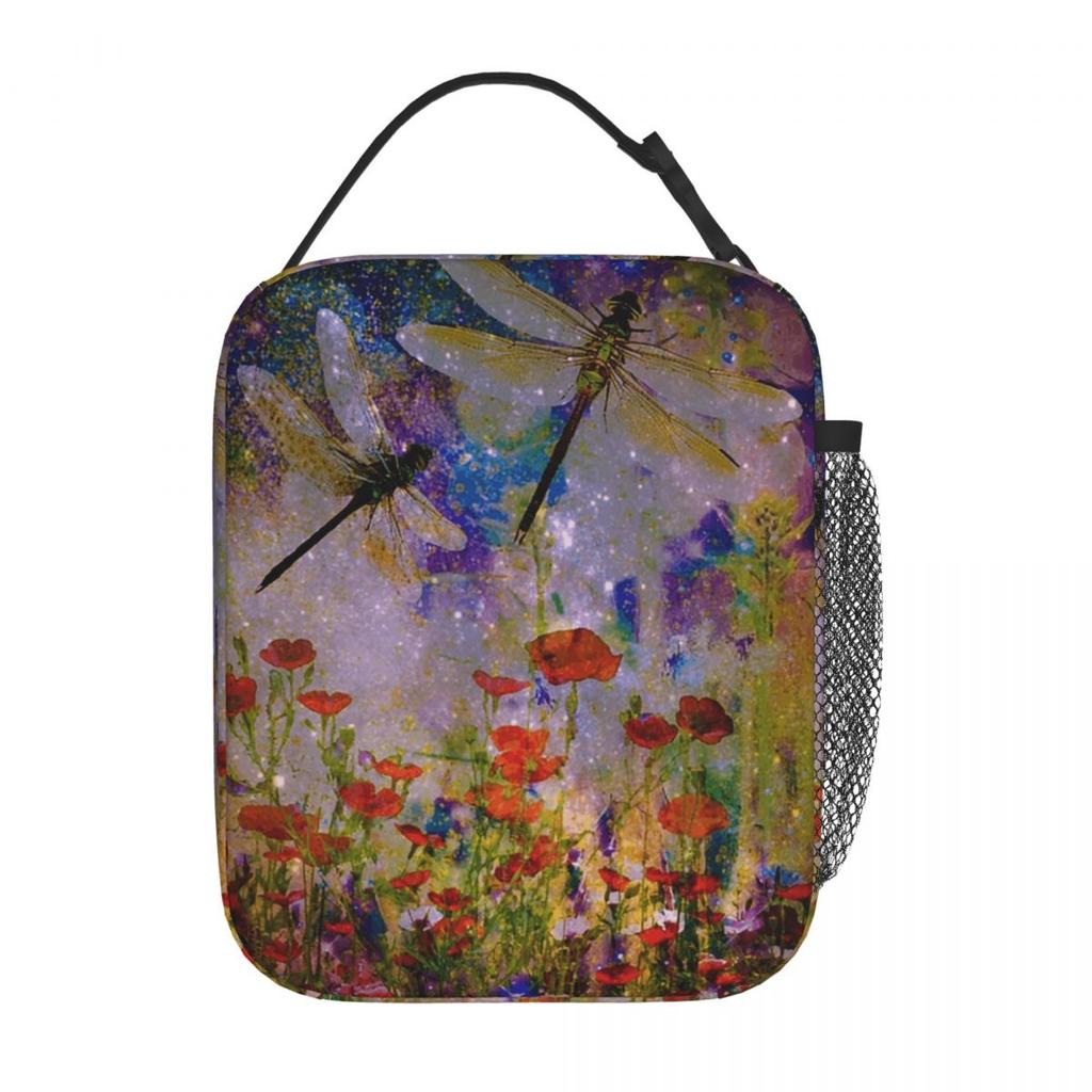 Dragonfly And Flower Painting Insulated Lunch Bag for Women Office Cooler Thermal Food Box Tote Portable Lunch Boxes Container