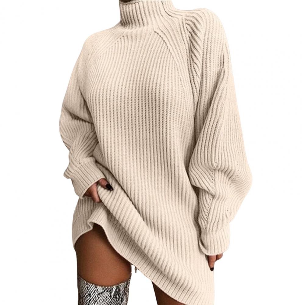 Solid Color Sweater Dress Half High Collar Raglan Long Sleeve Loose Fit Knitting Dress Autumn Winter Mini Dress Knitwear