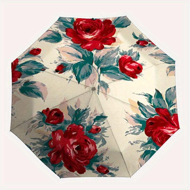 1pc Floral Roses Automatic Folding Umbrella, 8-Rib Sturdy Canopy, Portable Travel Umbrella for Outdoor Use