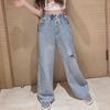 Teenage Girls' Jeans Spring Fall Casual Wide Leg Pants Loose Ripped Hole Kids Retro Pants School Children Trousers