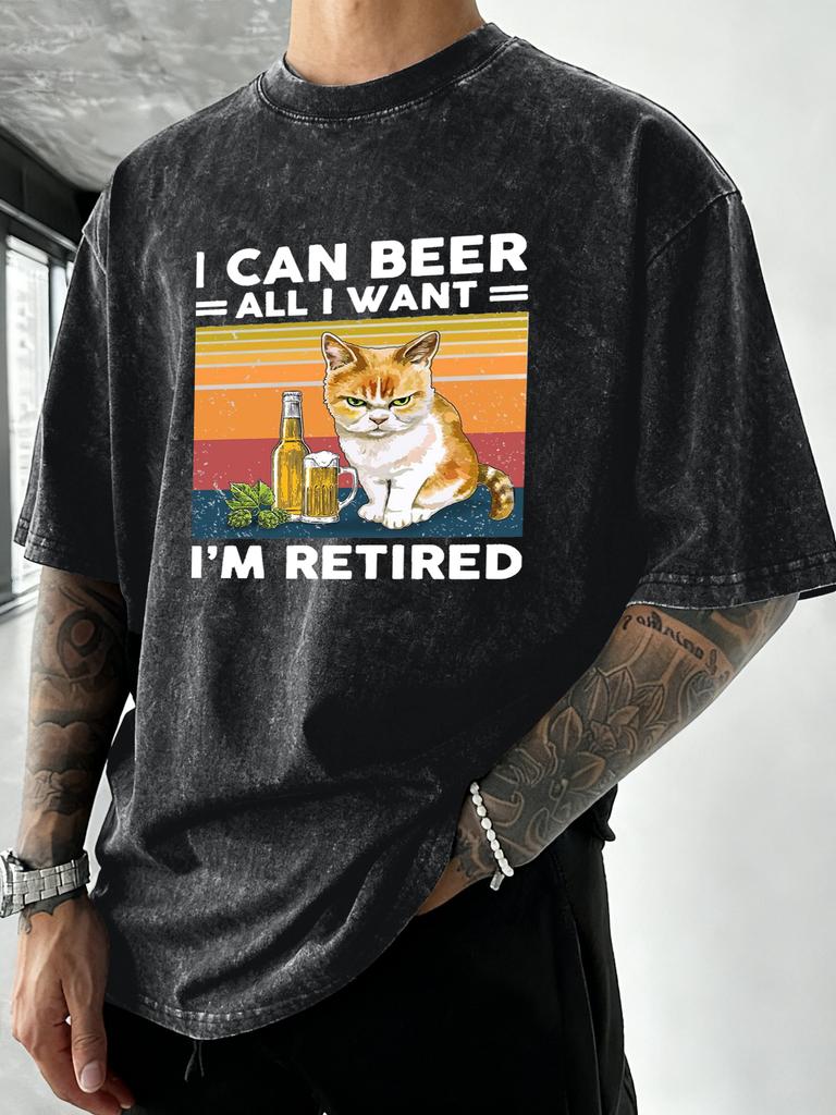 I Can Bee IM Retired Cat Print Men Washed TShirts Summer Cotton T Shirt Casual Oversized Sportswear Soft Neck Tee Tops