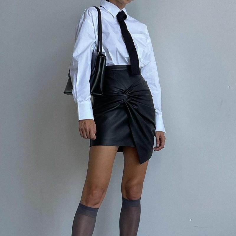 Qooth Elegant Women A Line Irregular PU Bodycon Skirt Slim Mini Length Zipper Waist Casual Skirt  QT2708