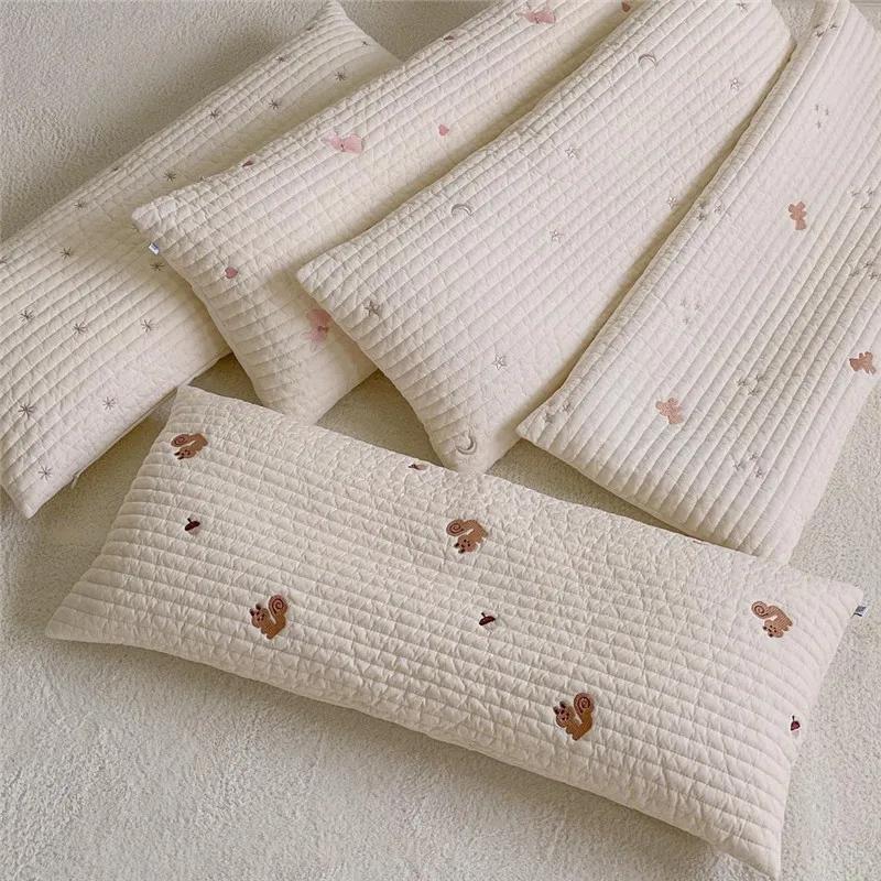 Newborn Pure Cotton Flat Pillow, Quilted with Cartoon Squirrel & Bear Embroidery, Breathable & Soft