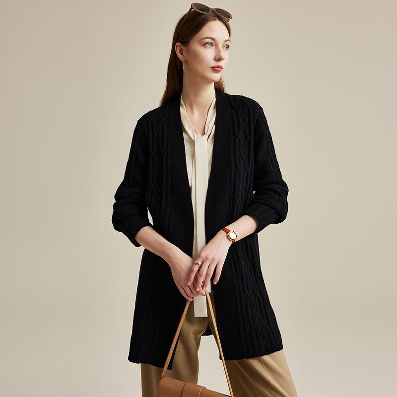 Women's Thickened Mid-Length V-Neck Cable Knit Wool Cardigan