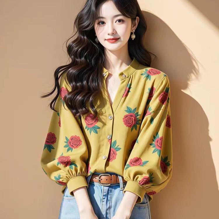 2025 French Chic Floral Chiffon Long Sleeve Women's Cardigan Blouse: Early Spring Single-Breasted Design