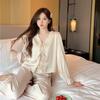 Spring and Autumn Temperament Ice Silk Bow Lace Lotus Leaf Edge Long Sleeve Long Pants Sweet Home Pajama Suit Women