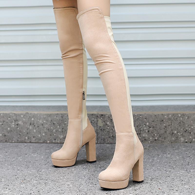Slanke Lårhøye Støvletter i Semsket Skinn Dame Platform Tykke Høye Hæler Over Kneet Støvletter Dame Nye Høst Vinter Stretch Sko Damer