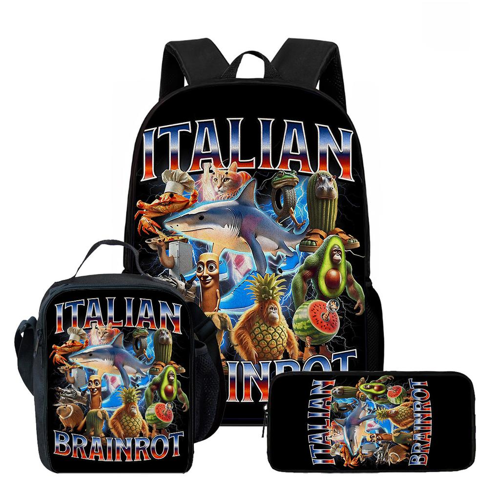 Pcs Set Brainrot Cartoon Child School Backpack with Lunch Bags ,Pencil Bags ,School Bags for Boys Girls Best Gift