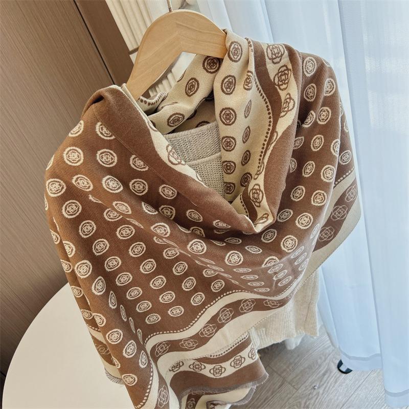 Winter Polka Dot Camellia Age-reducing Scarf Shawl Double-sided Printing Imitation Cashmere Scarf High-end Scarf Multi-function