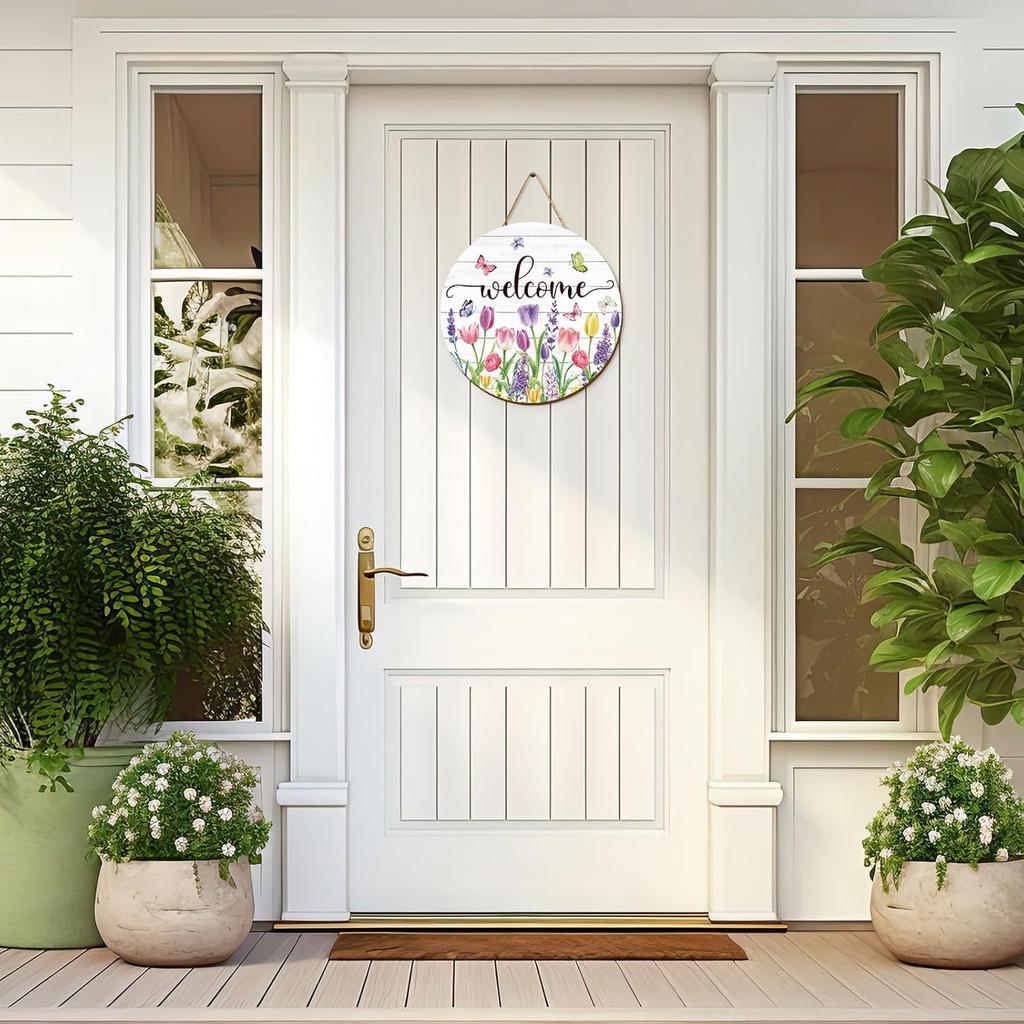 Summer Flower Welcome Door Sign Tulip Wooden Hanging Sign Floral Butterfly Door Hanger Sign for Spring Summer Holiday Indoor Outdoor Farmhouse Home