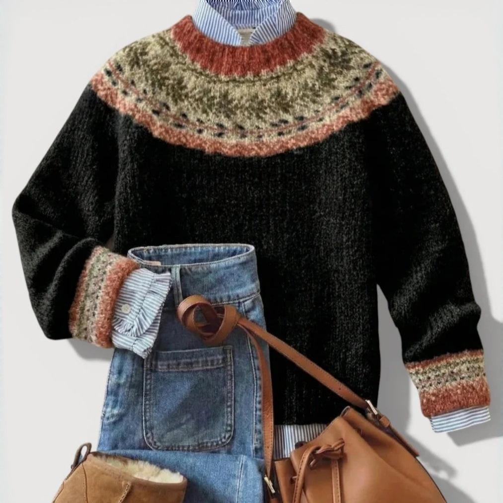 Women's European Retro Fair Isle Long Sleeve Color Block Knitted Sweater Top