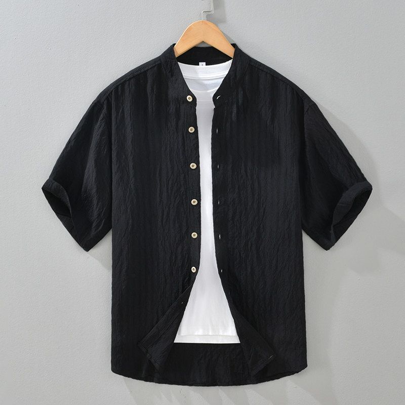 Foreign Trade Surplus Japanese-Style Casual Comfortable Thin Short-Sleeve Shirt for Men, Loose Trendy Chinese Style Stand Collar White Shirt