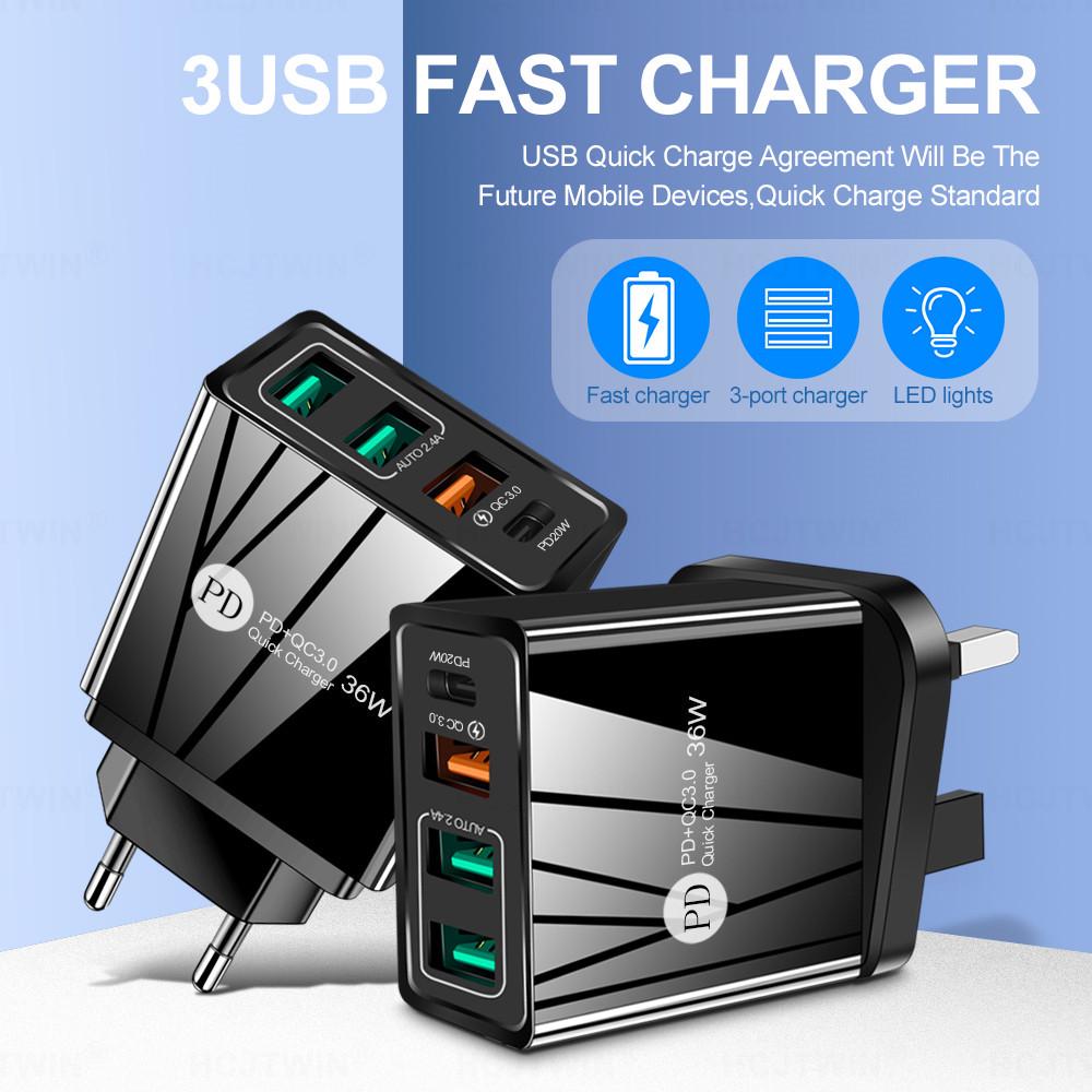 4A Multi-Port PD20W + 2.4A 3-USB Charger European, American and British Adapter