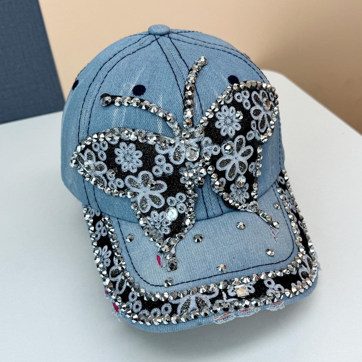 

Новая весенне-летняя солнцезащитная кружевная кепка с цветком-бабочкой и бриллиантами, бейсболка-миллинер с летним козырьком, кепка из выстиранного денима Adjustable