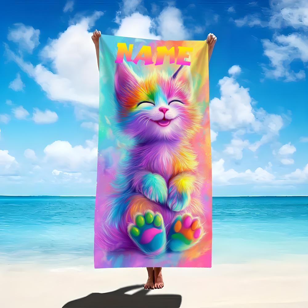 Custom Rainbow Cat Beach Towel Colorful Kitten Print Personalized Name Microfiber Sand Free Quick Dry Gift