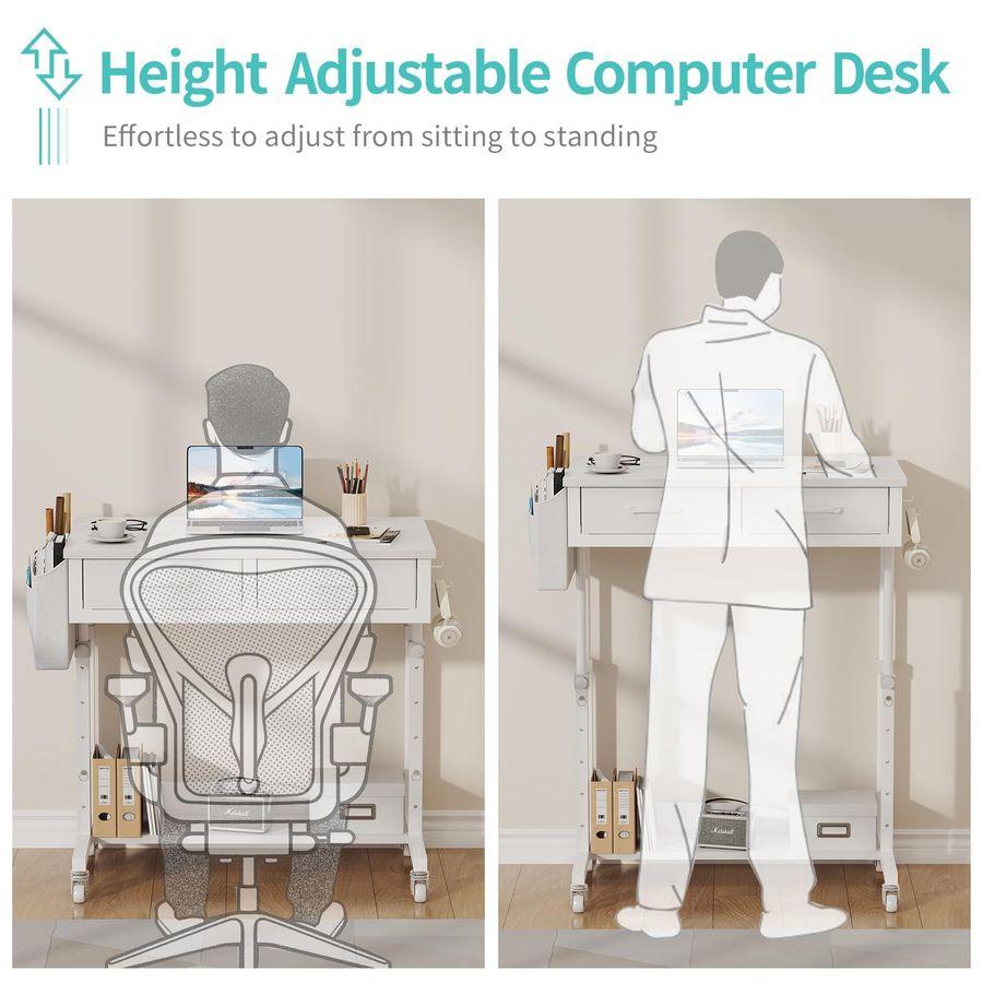 White Portable Rolling Standing Desk with Drawers, 32 Inch Adjustable Mobile Stand Up Teacher Desks with Wheels, Couch Sofa Side