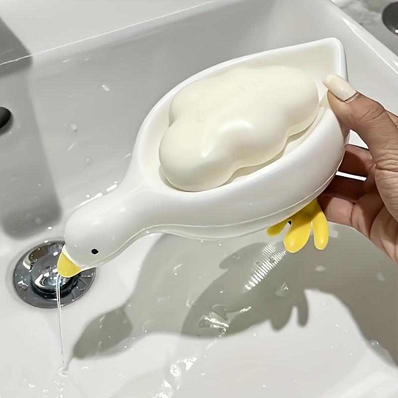 1Pc Charming Duck-Shaped Soap Dish - Self-Draining Oval Tray, White with Yellow Accents, Multifunctional Bathroom Accessory for Dry, Clean Soap