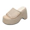 Sloping Heel Lace Mesh One-line Slippers, Summer Toe-exposing Shoes Slimming Thick-soled Cool Slippers