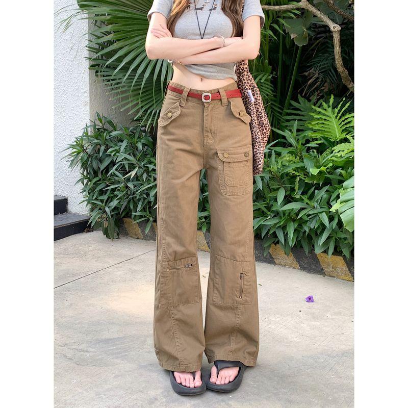 

American High Street Parka More Pockets Slightly Pull Denim 2025 This Year Popular High Waist Slimming Versatile Pants Female Fashion Khaki pants recommend height 155-165cm XL