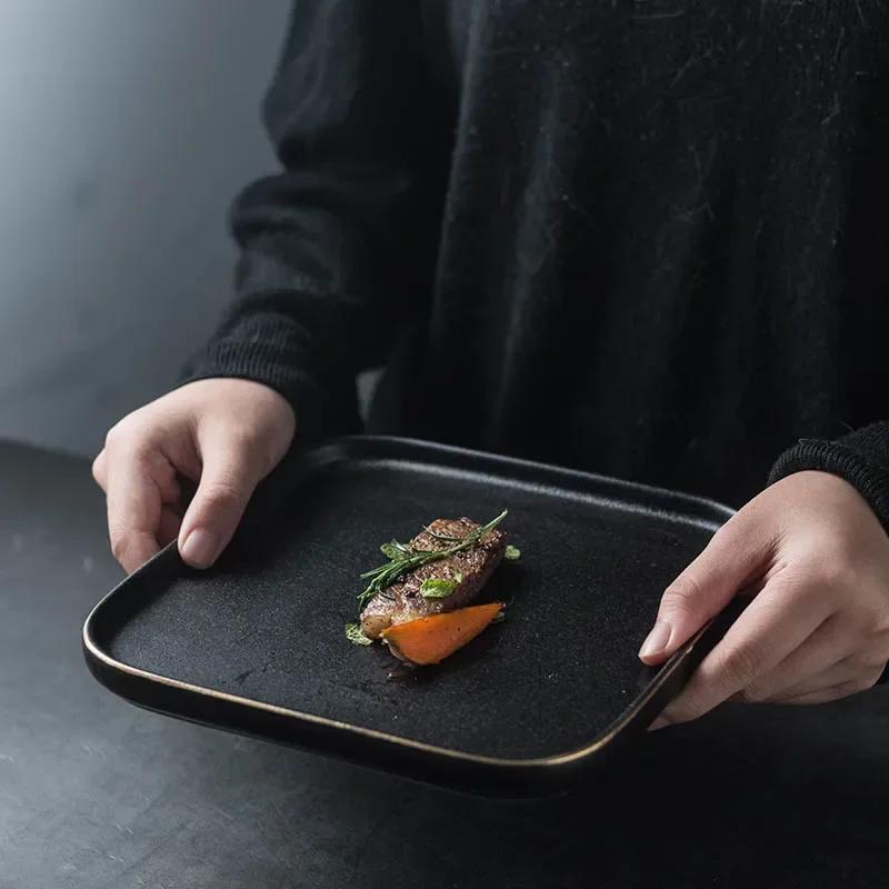 Black Phnom Penh Steak Plate 8-inch Square Household Steak Plate and Vegetable Plate Restaurant Italian Noodle Western Tableware
