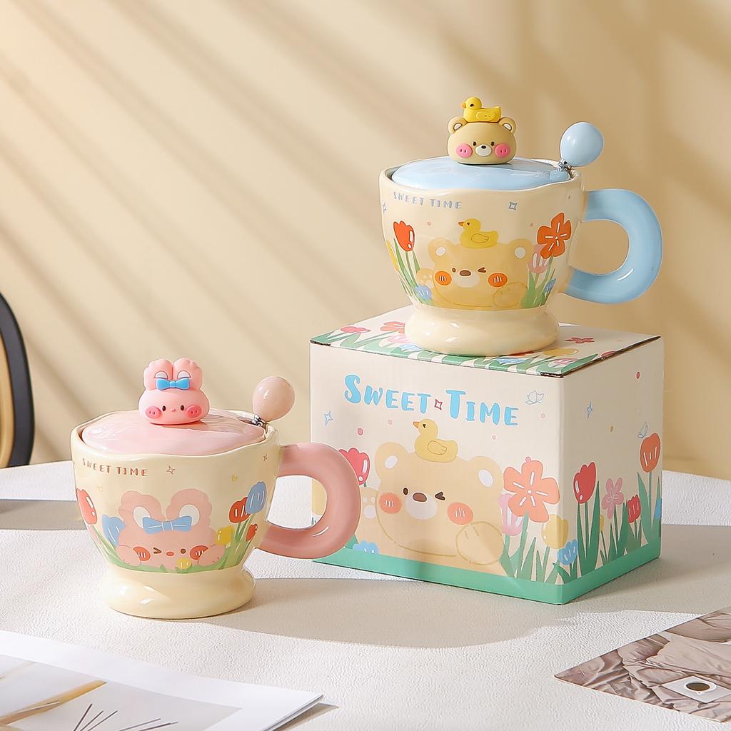 Cute Rabbit Mug Cartoon Bear Ceramic Cup Office Home Couple Water Cup With Lid Spoon Girl Gift