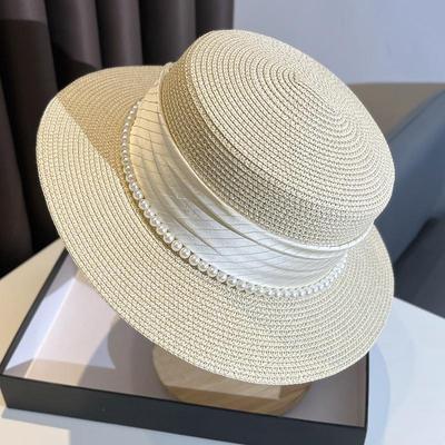 New French Elegant Satin Imitation Pearl Bowler Hat, Female Summer Vacation Outing Sunscreen Flat Top Straw Hat, Retro Vacation Sun Hat