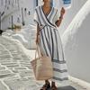 Damen Langarm V-Ausschnitt Gestreift Gürtel Maxikleid Bodycon Midi Kleid Lässig Urlaub